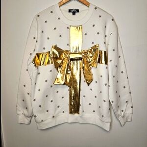 NWT Vinyl Icons White Gold Star Present Bow Christmas Holiday Sweatshirt Size M